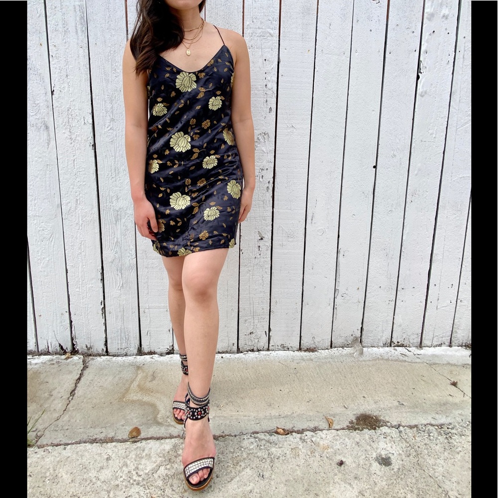 Black and gold foil satin dress